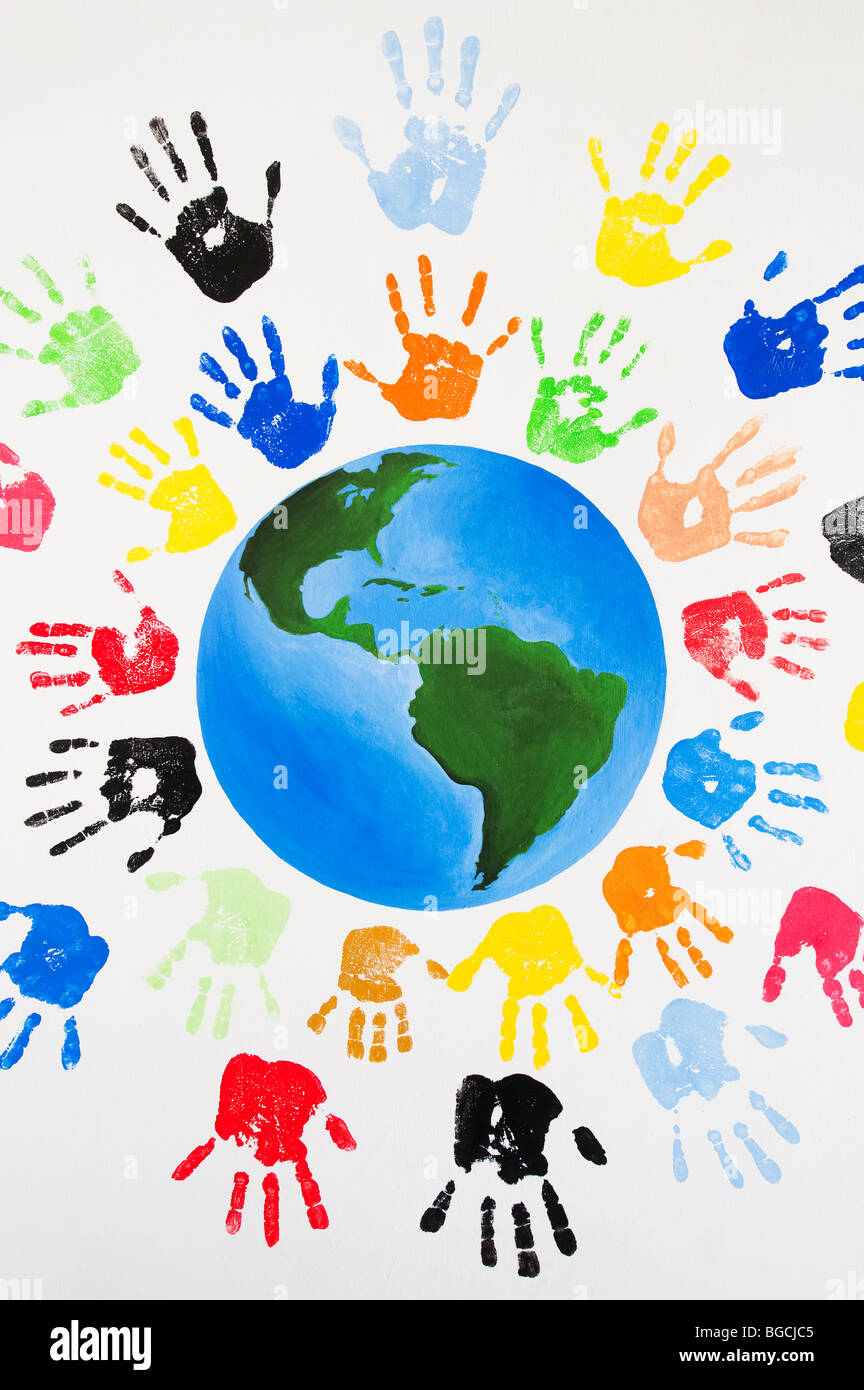 Multicoloured children's hand prints around the world Stock Photo