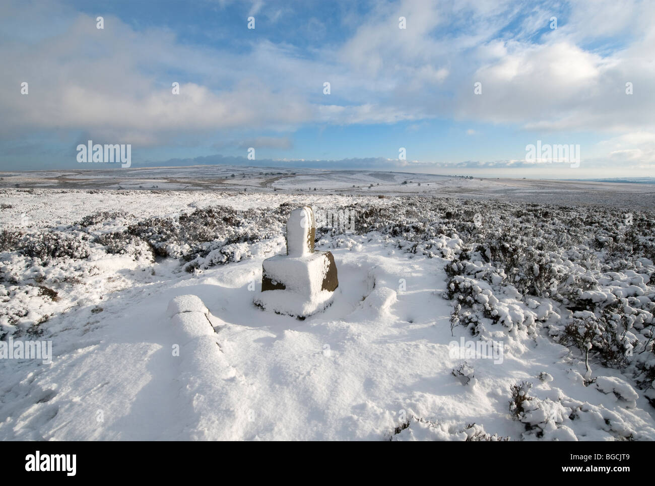 Winter snow on White Edge Moor moorland at Lady's Cross  in the 'Peak District', Derbyshire, United Kingdom, Great Britain Stock Photo
