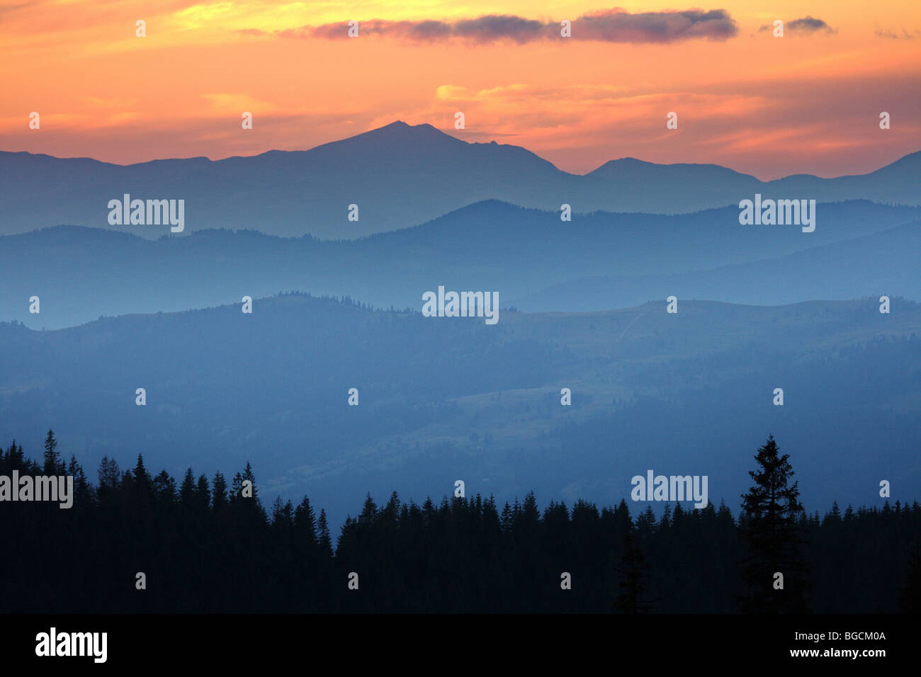 Sunset in Romanian Carpathian mountains - Mount Pietrosul range Stock Photo