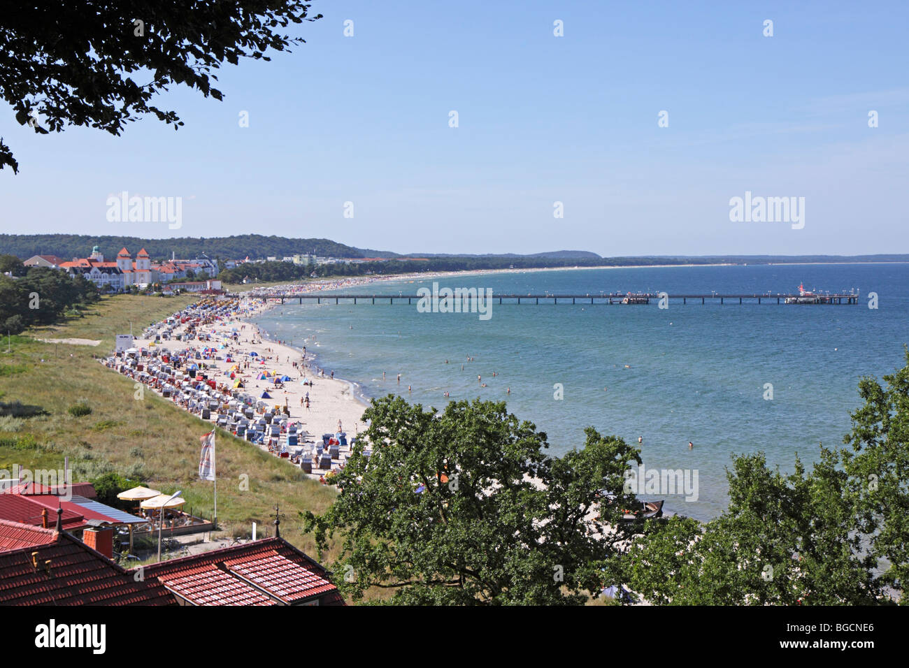 panoramic view across the beach of Binz, Ruegen Island, Mecklenburg-West Pomerania, Germany Stock Photo