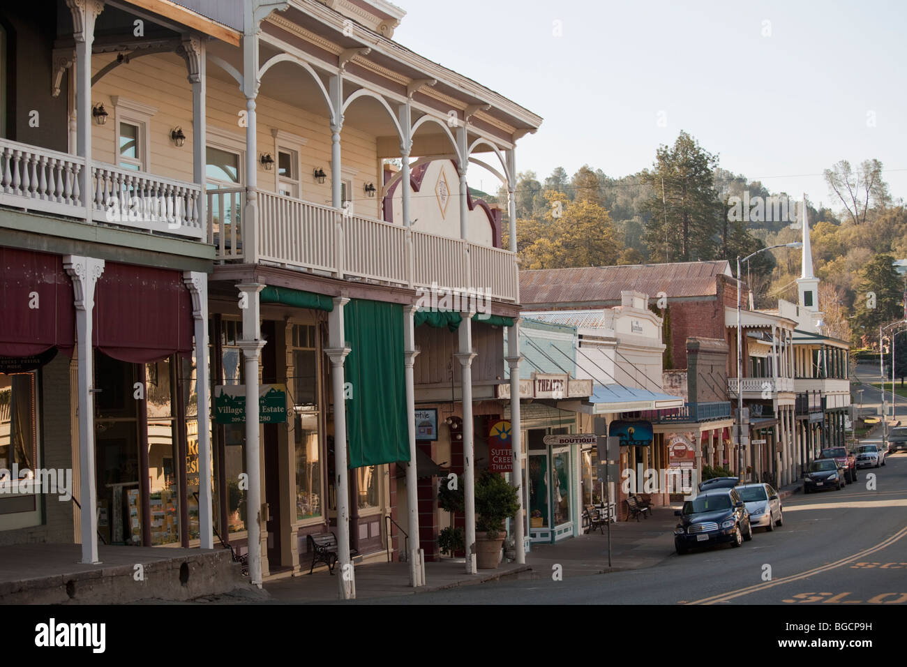 Row of preserved buildings on Main Street, Old Hwy 49, Sutter Creek, Amador County, California, USA Stock Photo