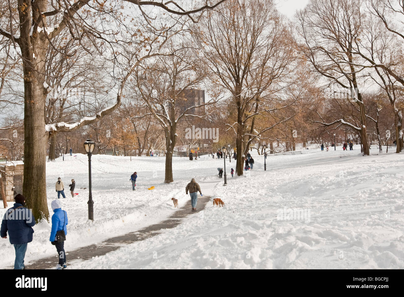 People walk in the snow in Central Park in New York, USA, on a winter ...