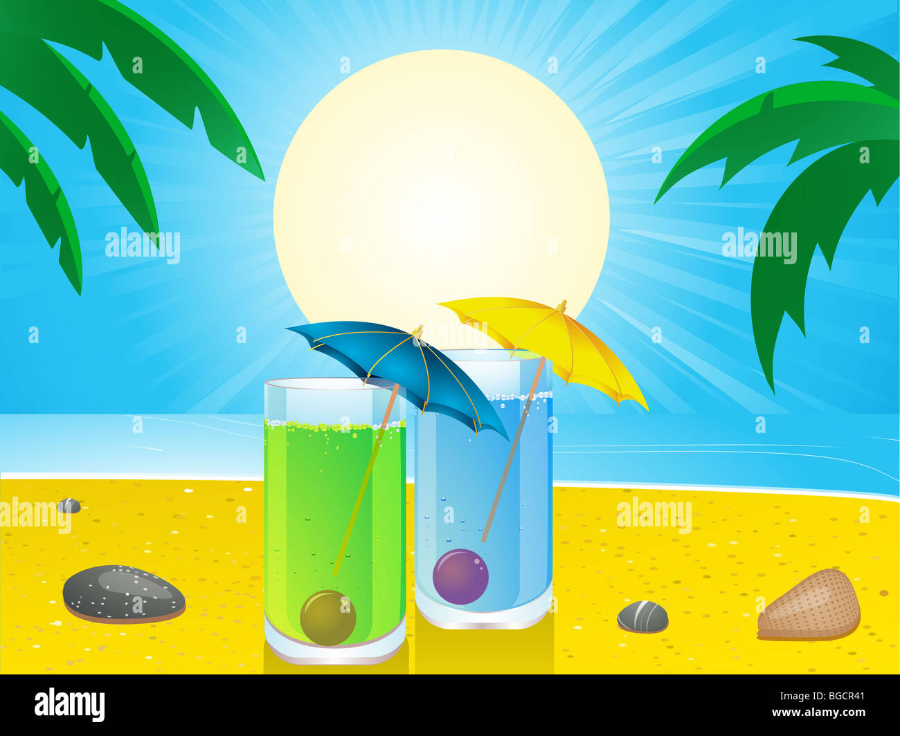 tropical summer beach with two fruit cocktails and umbrellas Stock ...