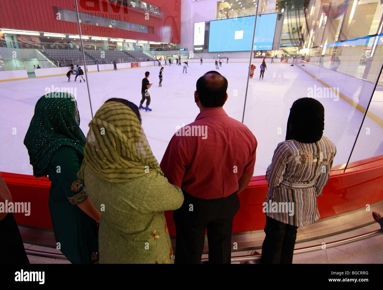 People on the ice rink in the Mall of Dubai, United Arab Emirates Stock Photo