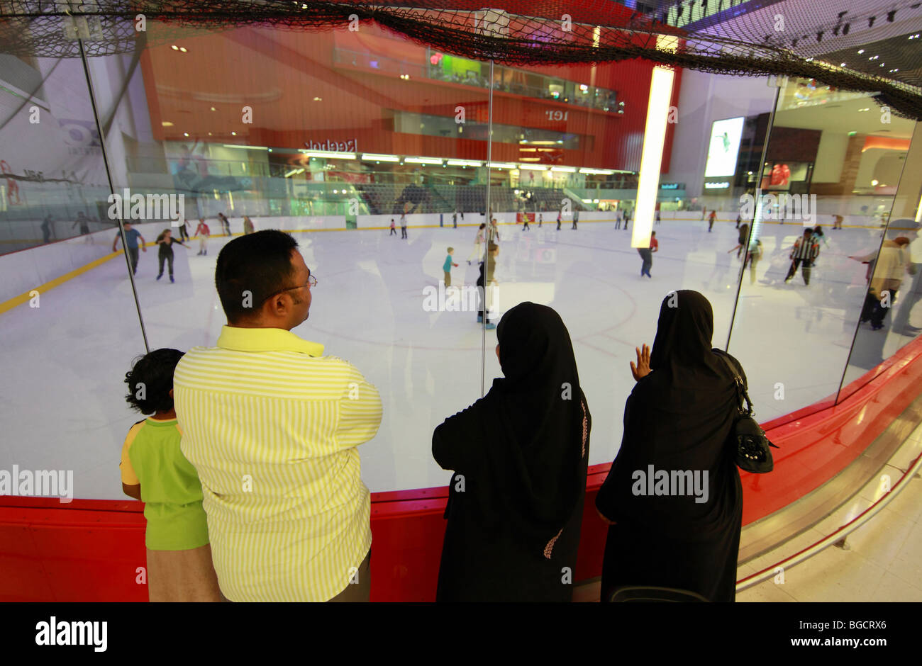 People on the ice rink in the Mall of Dubai, United Arab Emirates Stock Photo