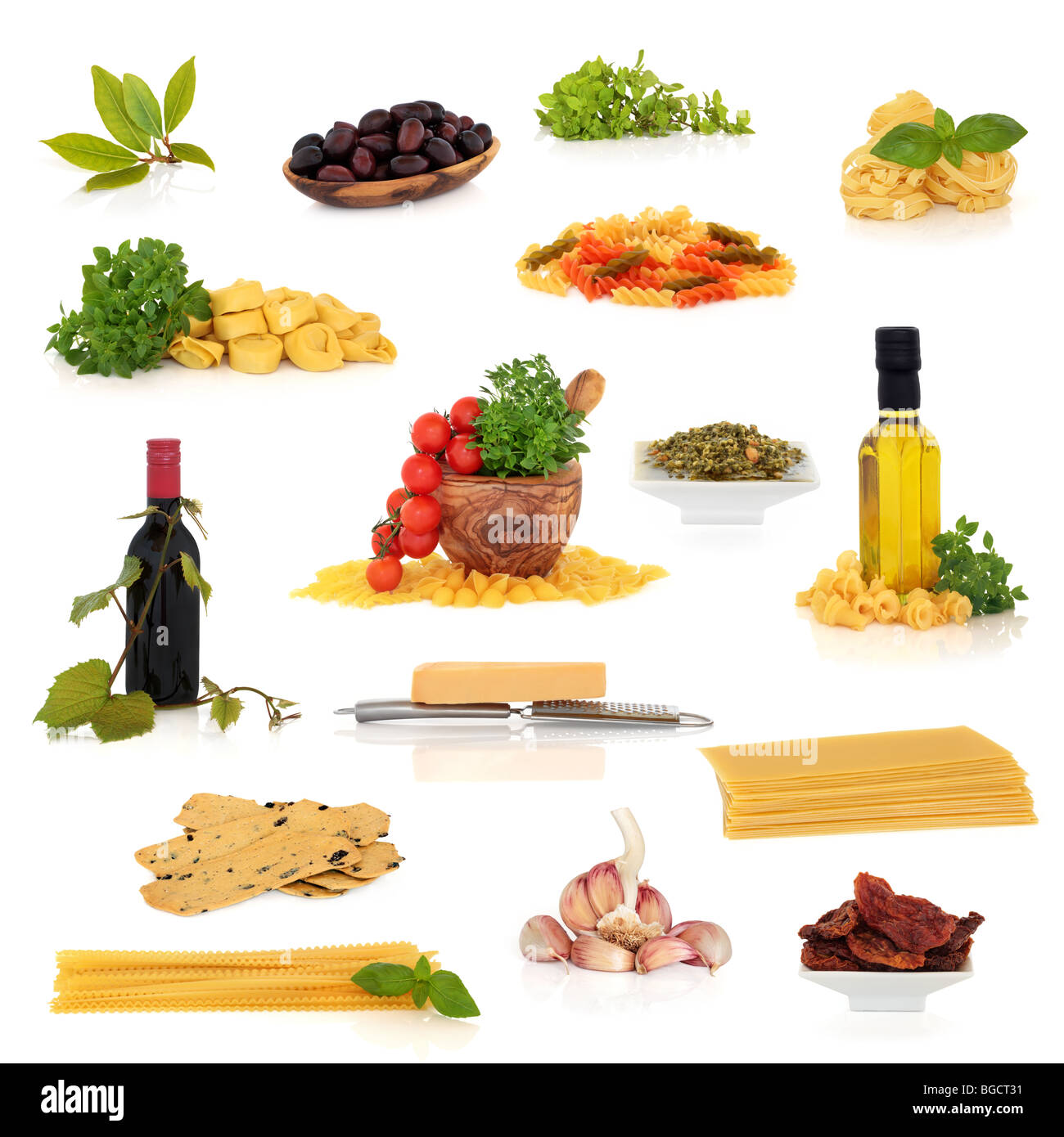 Large Italian food and drink collection isolated over white background. Stock Photo