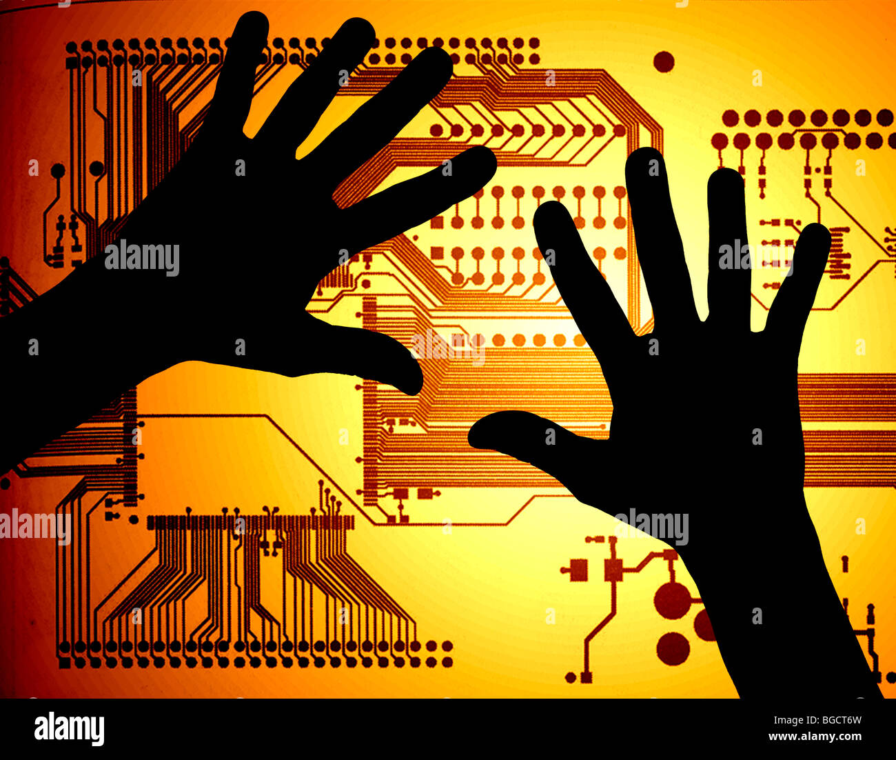 hands silhouetted over high tech circuit board illustration Stock Photo