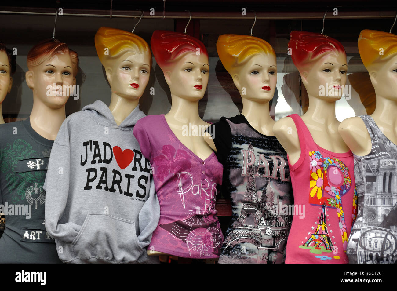 I Love Paris T-Shirts Fashion, Souvenir Tee Shirts on Mannequins in Tourist Shop, Paris, France Stock Photo