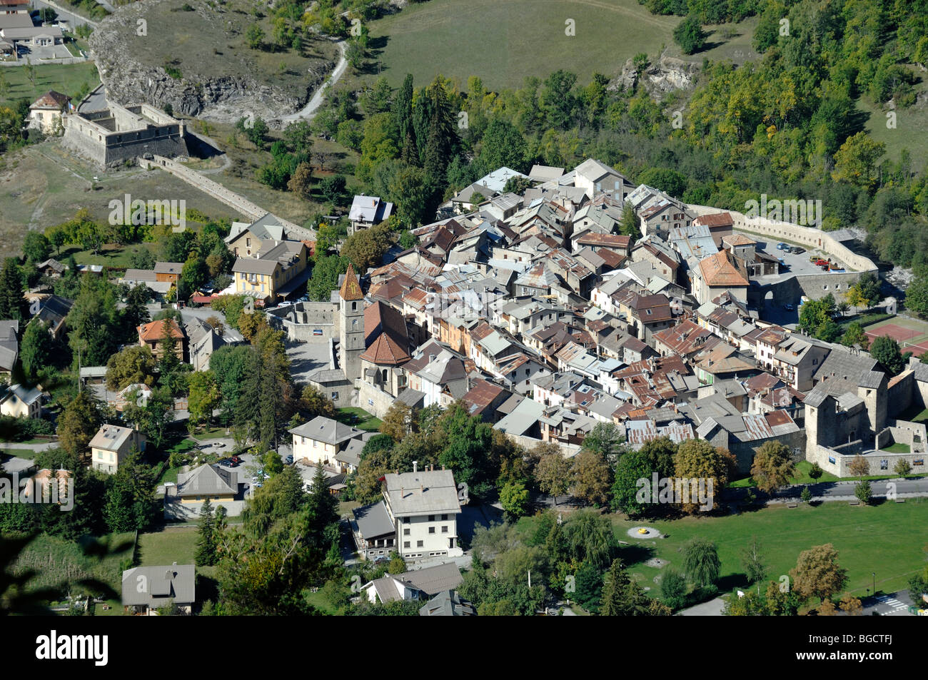 Aerial View of Old Town of Colmars or Colmars-les-Alpes, Walled Medieval Town Fortified by Vauban, & Fort de France, Alpes-de-Haute-Provence Stock Photo