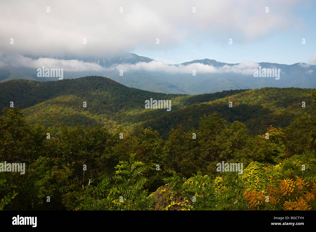 North Carolina Appalachian Mountains landscape in early fall taken from Blue Ridge Parkway overlook top view Stock Photo