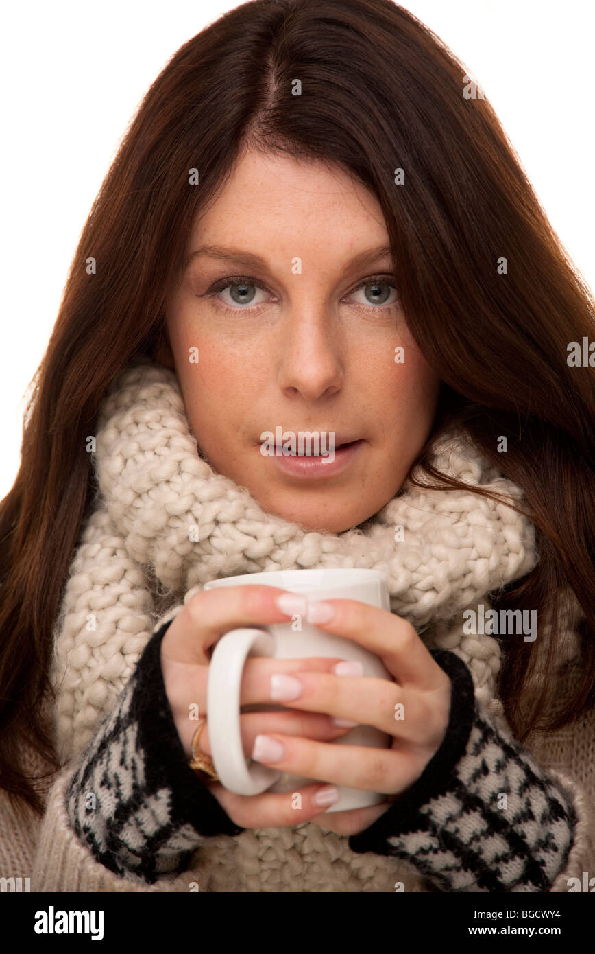 woman having hot drink Stock Photo