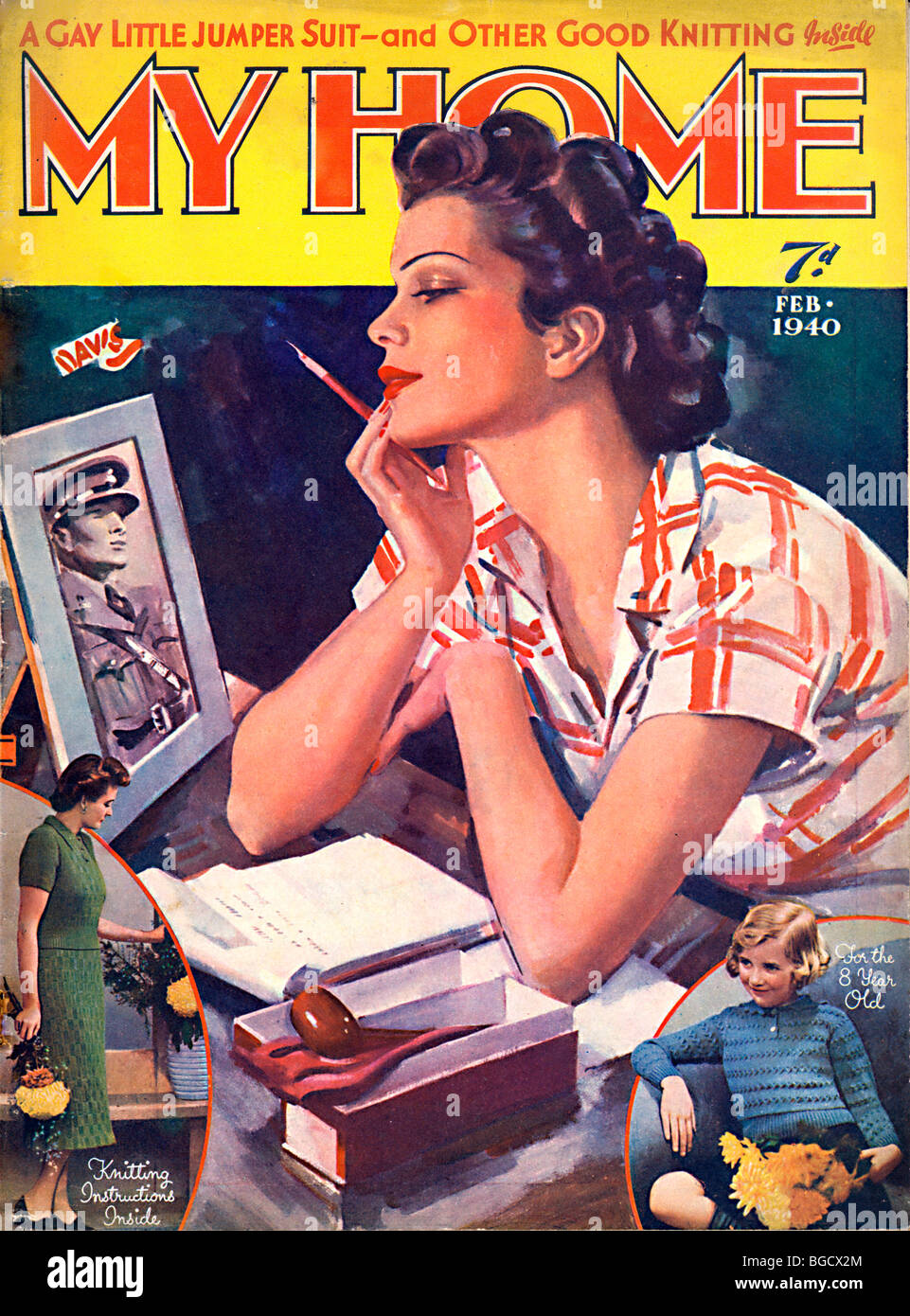 My Home, Feb 1940 magazine cover for the lifestyle magazine as a girl writes a letter to her man in the forces Stock Photo