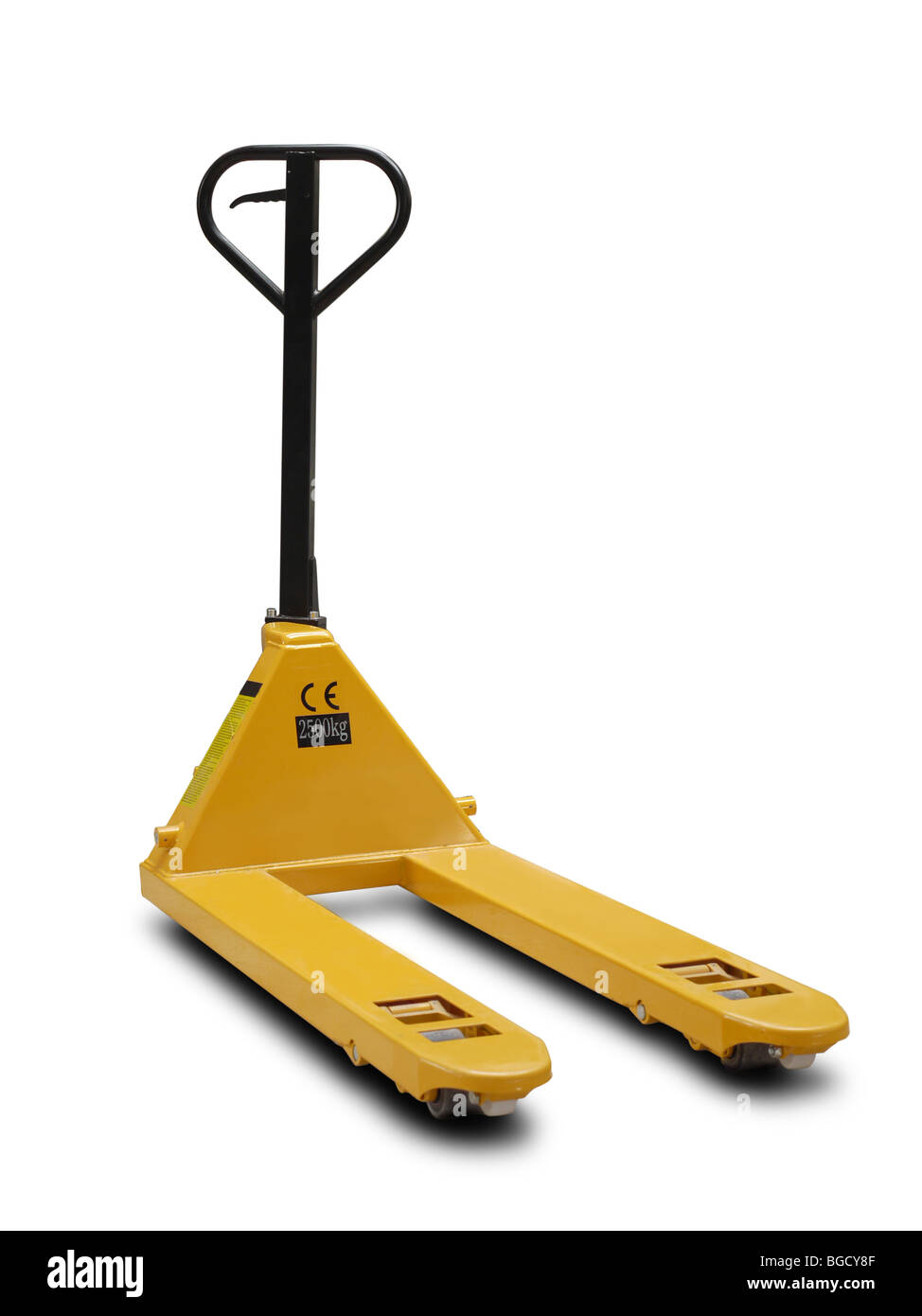 Yellow pallet truck shot over white background Stock Photo