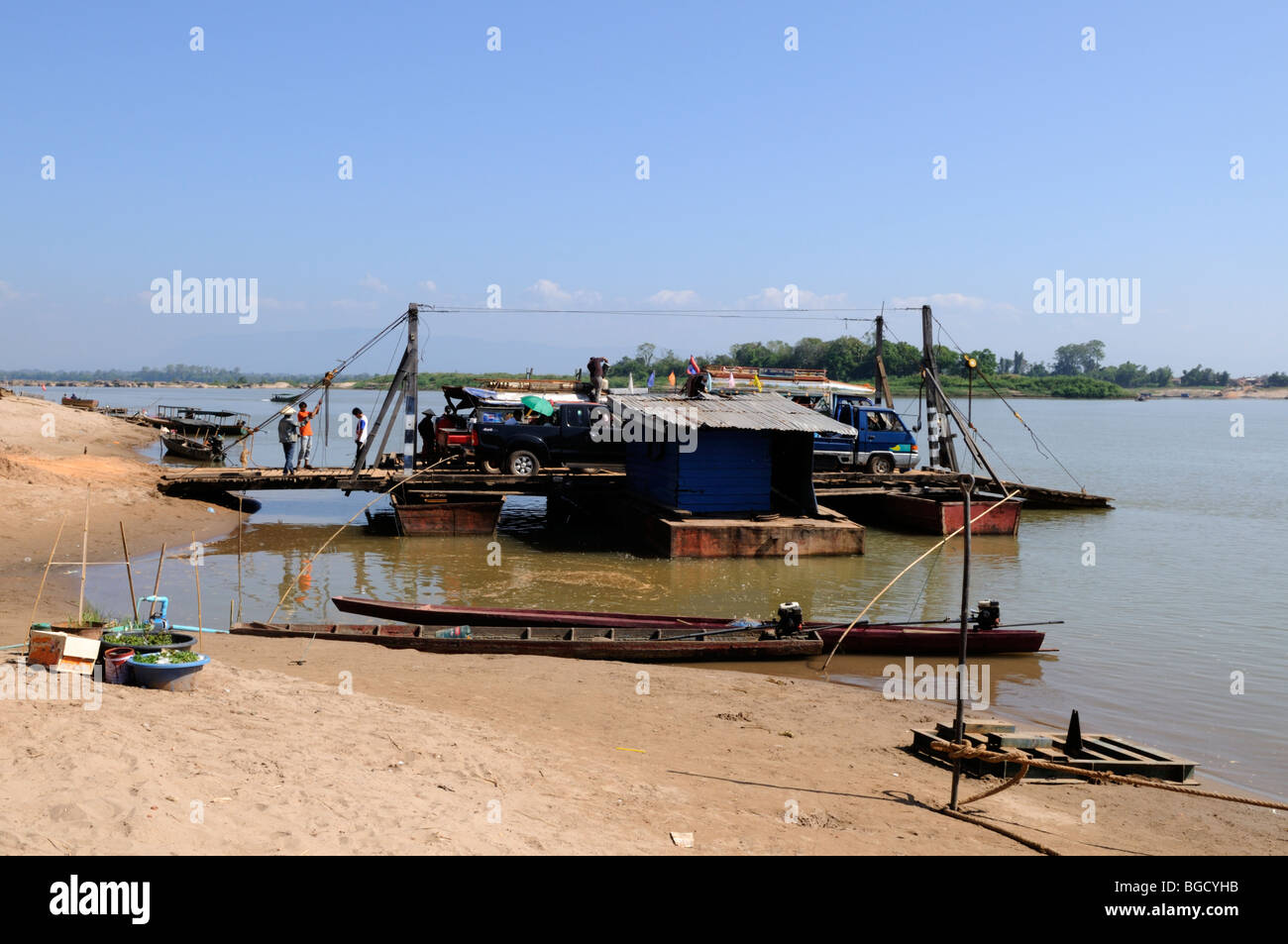Laos; Champasak Province; Laos Style Roll on Roll Off  Car Ferry across the Mekong River near Champasak Stock Photo