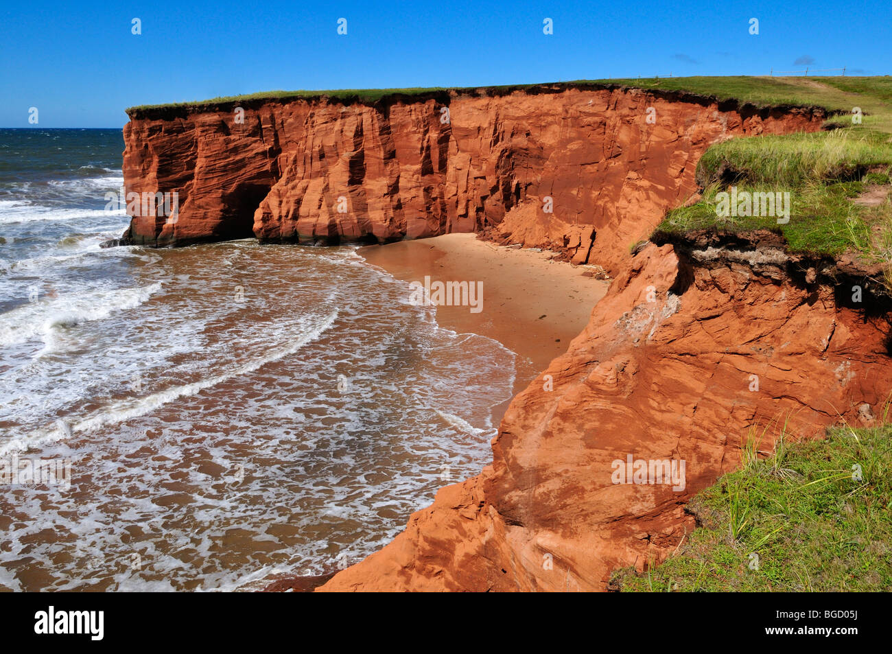 Red cliffs at La Belle Anse, Ile du Cap aux Meules, Iles de la