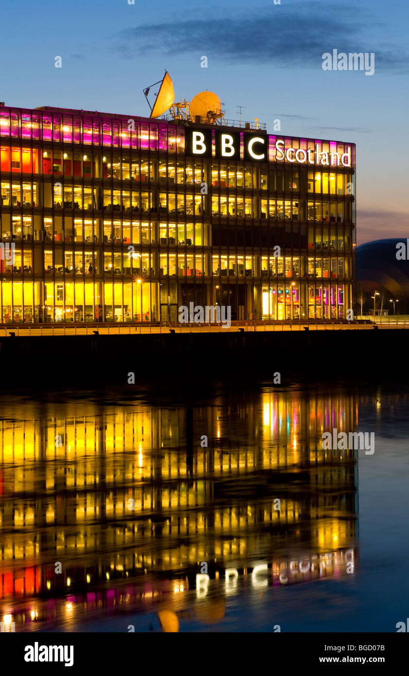 BBC Scotland headquarters by the River Clyde, Glasgow at night. Winter (Dec) 2009. Stock Photo