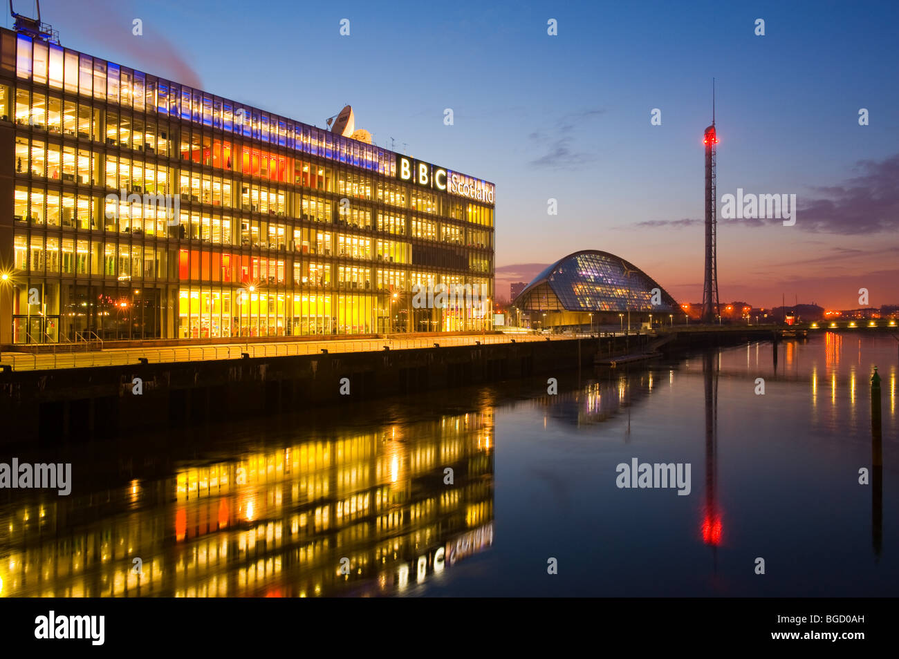 Glasgow Science Centre and Tower with BBC Scotland headquarters in the fore ground. Winter (Dec) 2009. Stock Photo