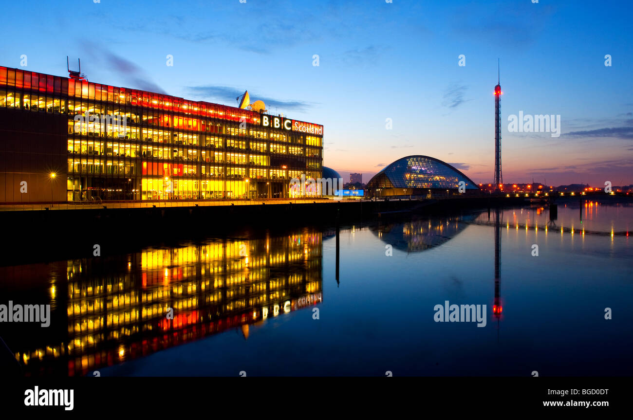 Glasgow Science Centre and Tower with BBC Scotland headquarters in the fore ground. Winter (Dec) 2009. Stock Photo