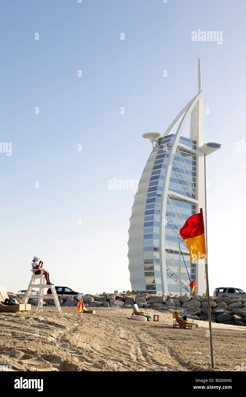 Beach guard in front of the Burj al Arab Hotel, Dubai, United Arab Emirates, Middle East Stock Photo