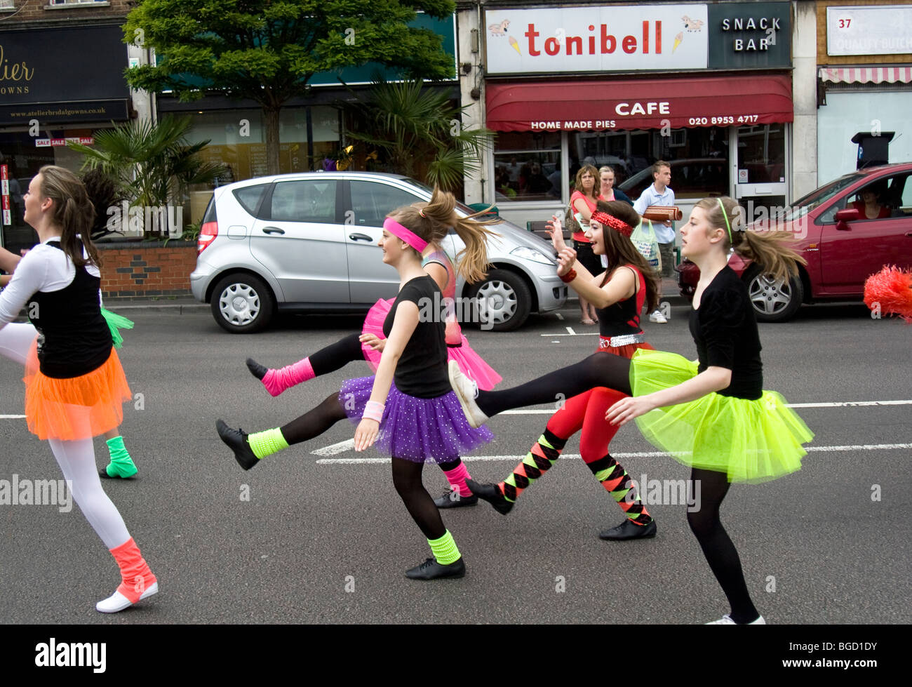 Dancers from academy of dance and performing arts in Borehamwood carnival parade, Borehamwood, Hertfordshire, UK Stock Photo