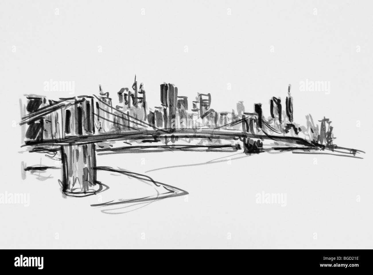 New York with Brooklyn Bridge, drawing, artist Gerhard Kraus, Kriftel Stock  Photo - Alamy
