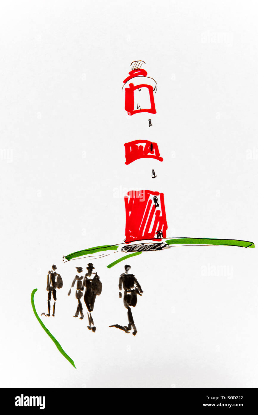 Lighthouse on Amrum island with hikers, drawing, artist Gerhard Kraus, Kriftel Stock Photo