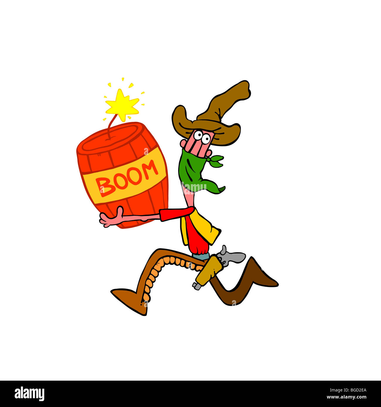 Running bandit that hold a bomb with burning fuse. Cartoon cowboy in cartoon style isolated on white Stock Photo