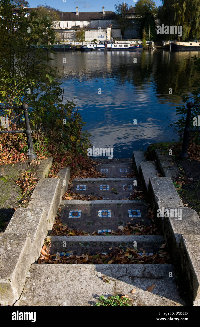 mosaic patterned steps to the River Thames in Bridge Meadow Maidenhead Berkshire UK Stock Photo