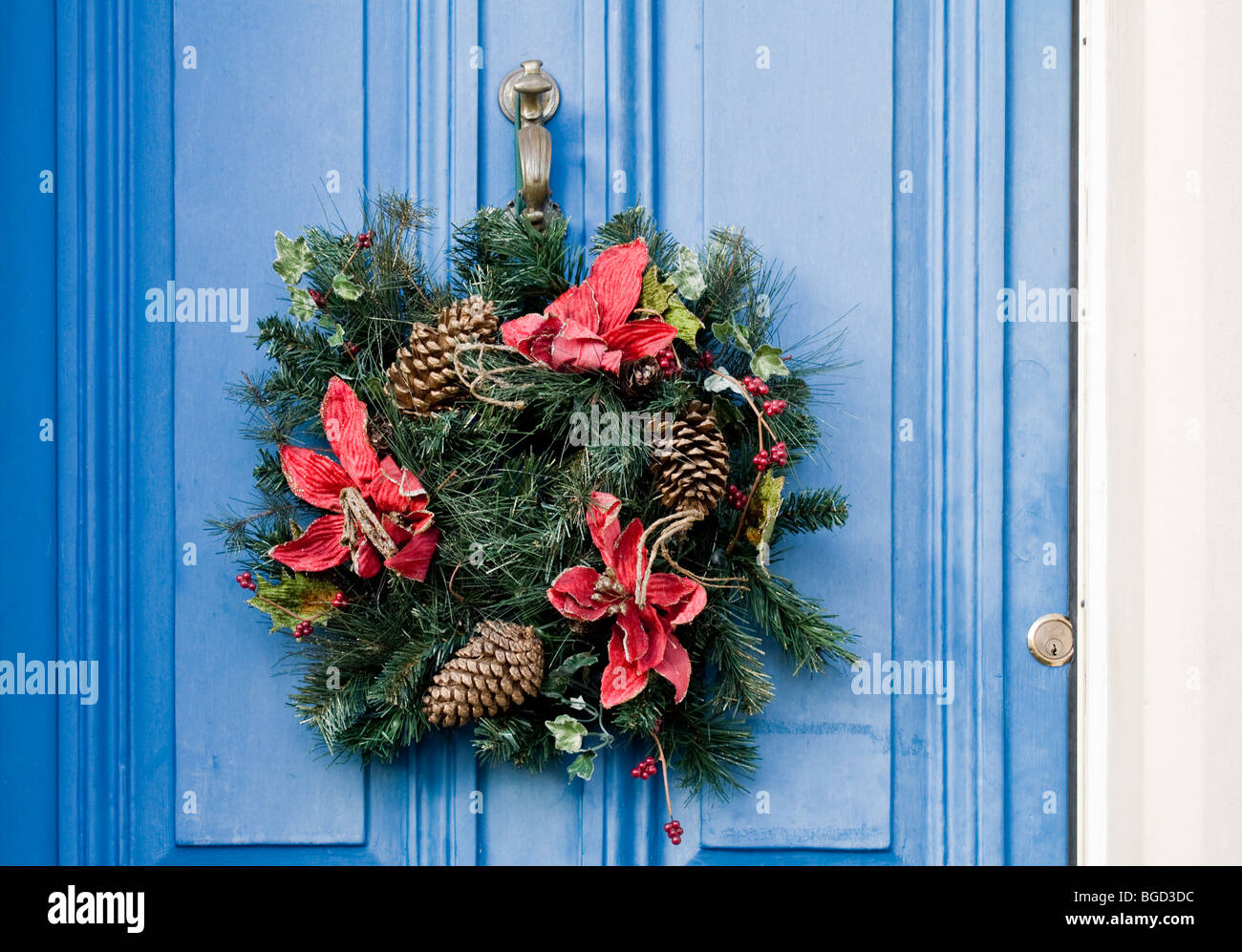 Traditional Christmas Door Wreath, on a Regency English Town House. Stock Photo
