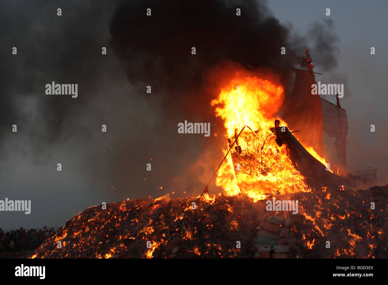 wood boat burning for a taiwanese festival Stock Photo
