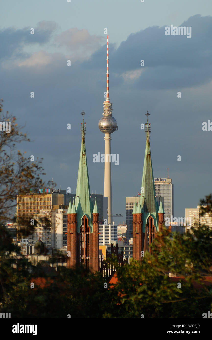 Berlin. Germany. View from Viktoriapark in Kreuzberg through the spires of St Boniface church towards Mitte and the Fernsehturm. Stock Photo
