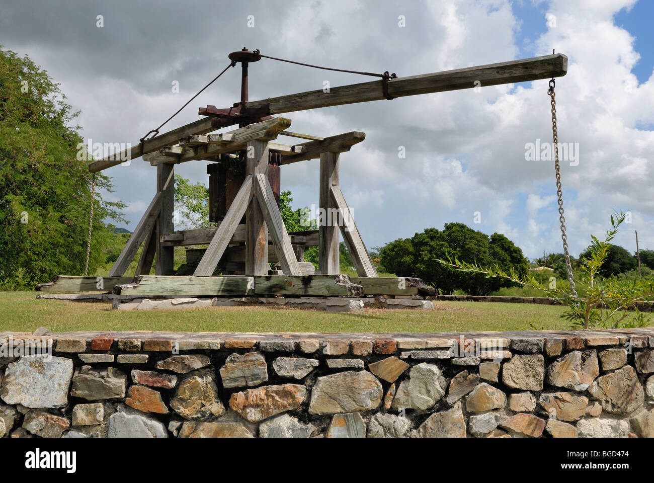 Historical, sugar cane press operated by draft animals, Estate Whim Museum, St. Croix island, U.S. Virgin Islands, United States Stock Photo