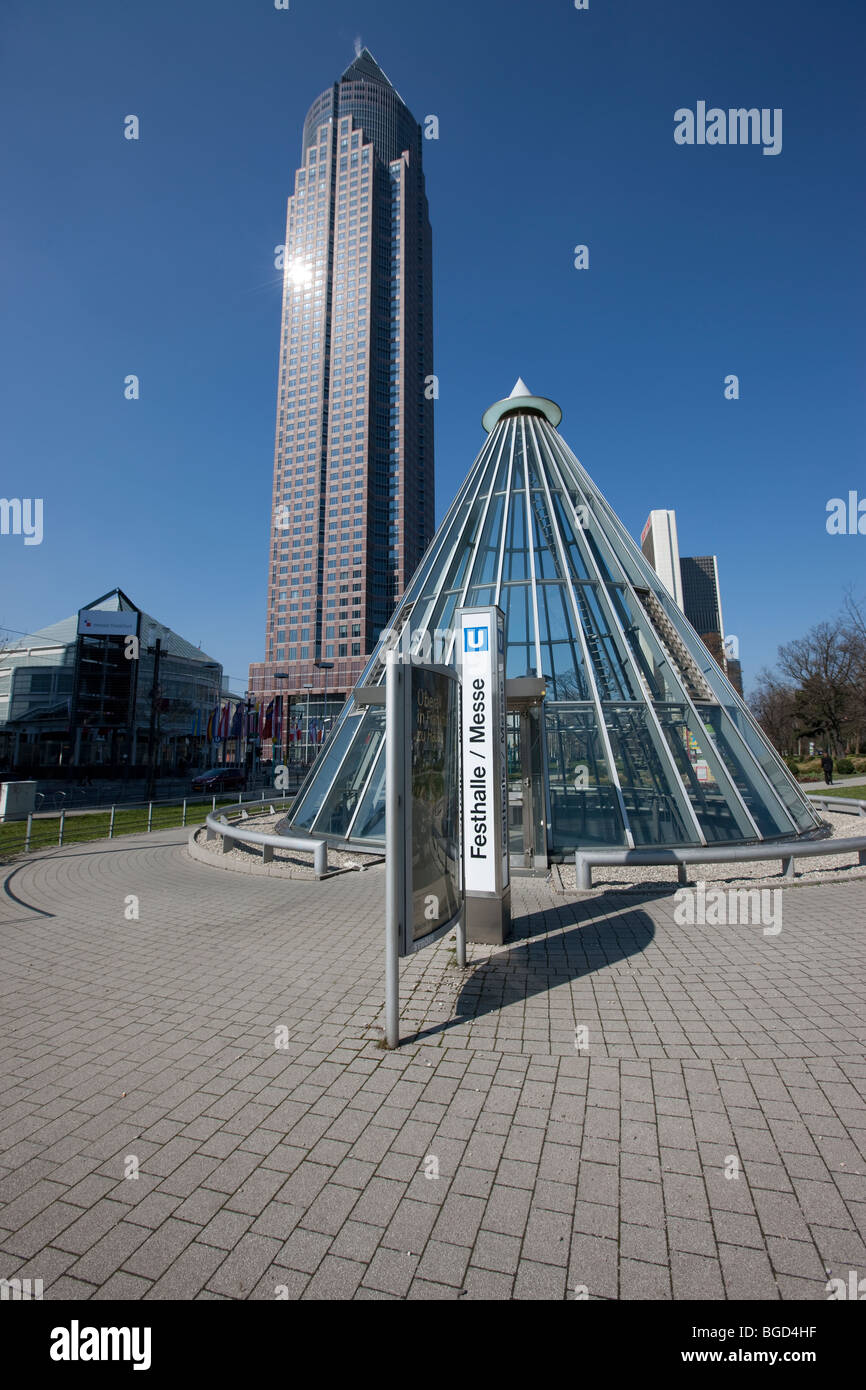 Entrance to the subway in front of the Messeturm building at Friedrich Ebert Anlage, Frankfurt am Main, Hesse, Germany, Europe Stock Photo