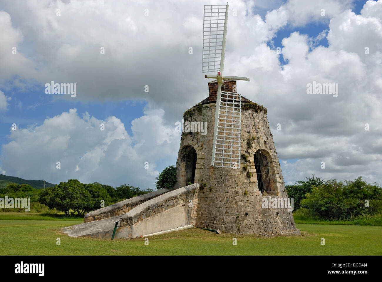 Historic windmill for the operation of a sugar cane press, Estate Whim Museum, St. Croix island, U.S. Virgin Islands, United St Stock Photo