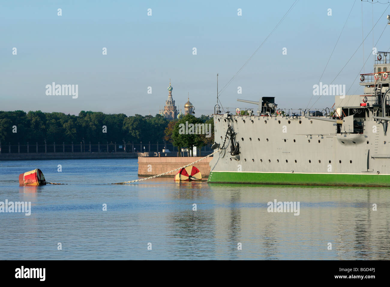 Russian cruiser Aurora moored along the Neva River in Saint Petersburg, Russia Stock Photo