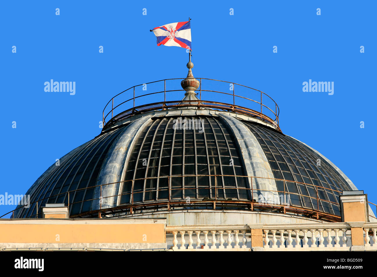 Flag of the Armed Forces of the Russian Federation flying high over Palace Square in Saint Petersburg, Russia Stock Photo