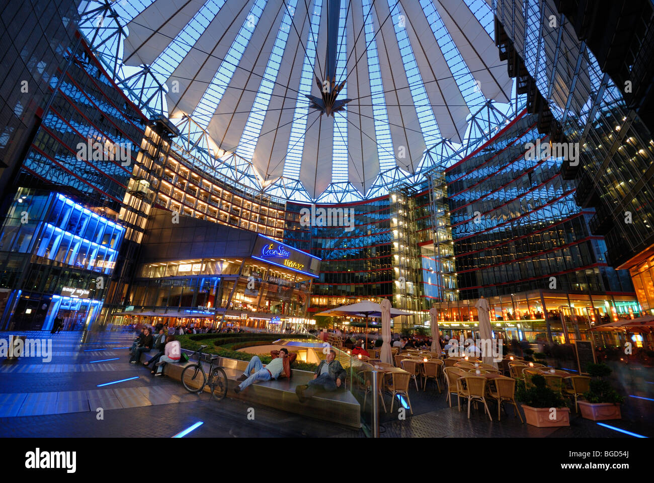 Under the roof of Sony Center, Potsdamer Platz, nightlife, restaurants, people, summer evening, Berlin, Germany. Stock Photo