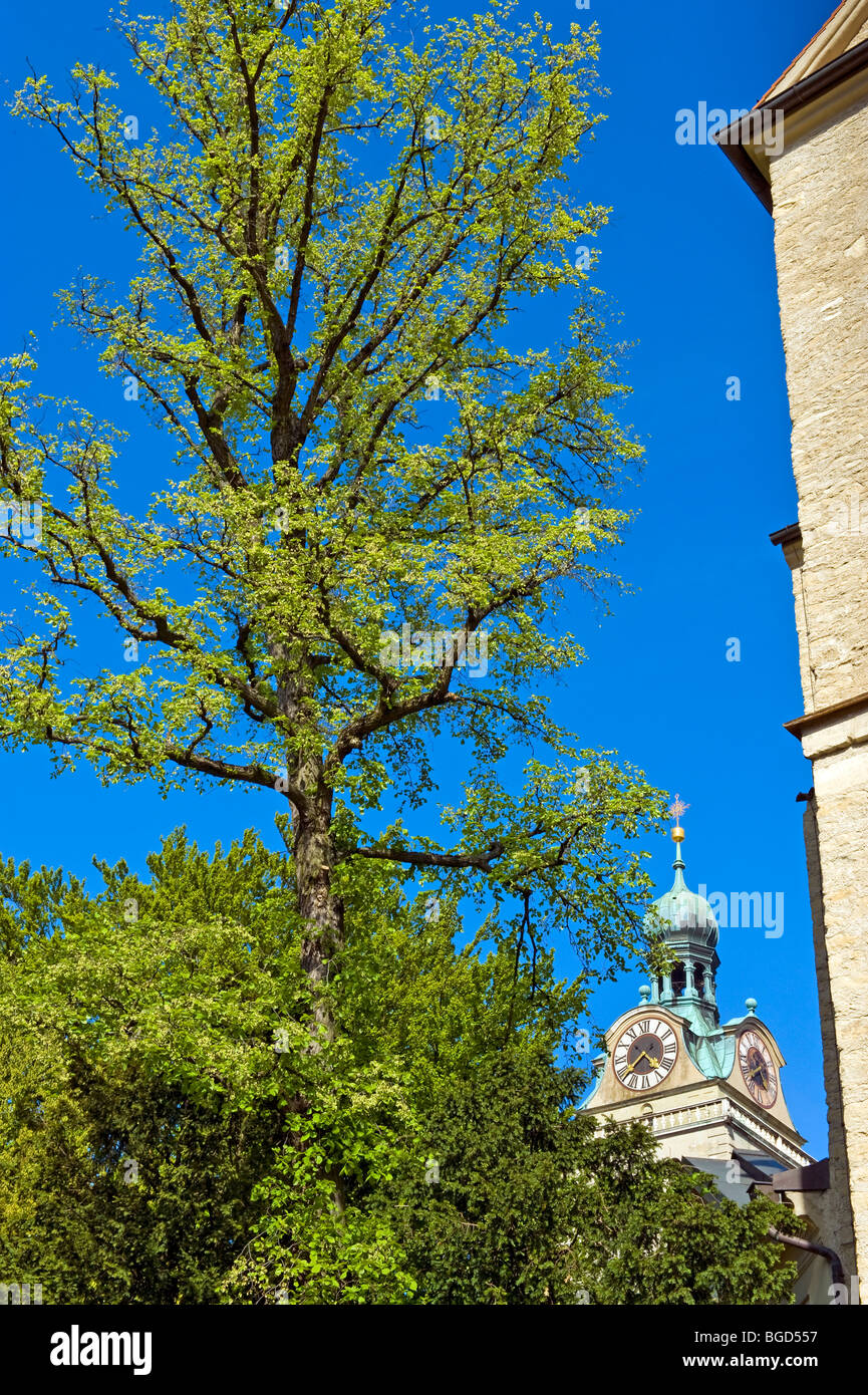 green Regensburg church tower Basilika St Emmeram Bavaria UNESCO world cultural heritage old town city RIVER riverside riverbank Stock Photo