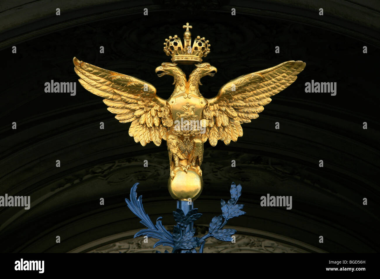 Double-headed eagle on the main entrance gate to the Winter Palace in Saint Petersburg, Russia Stock Photo