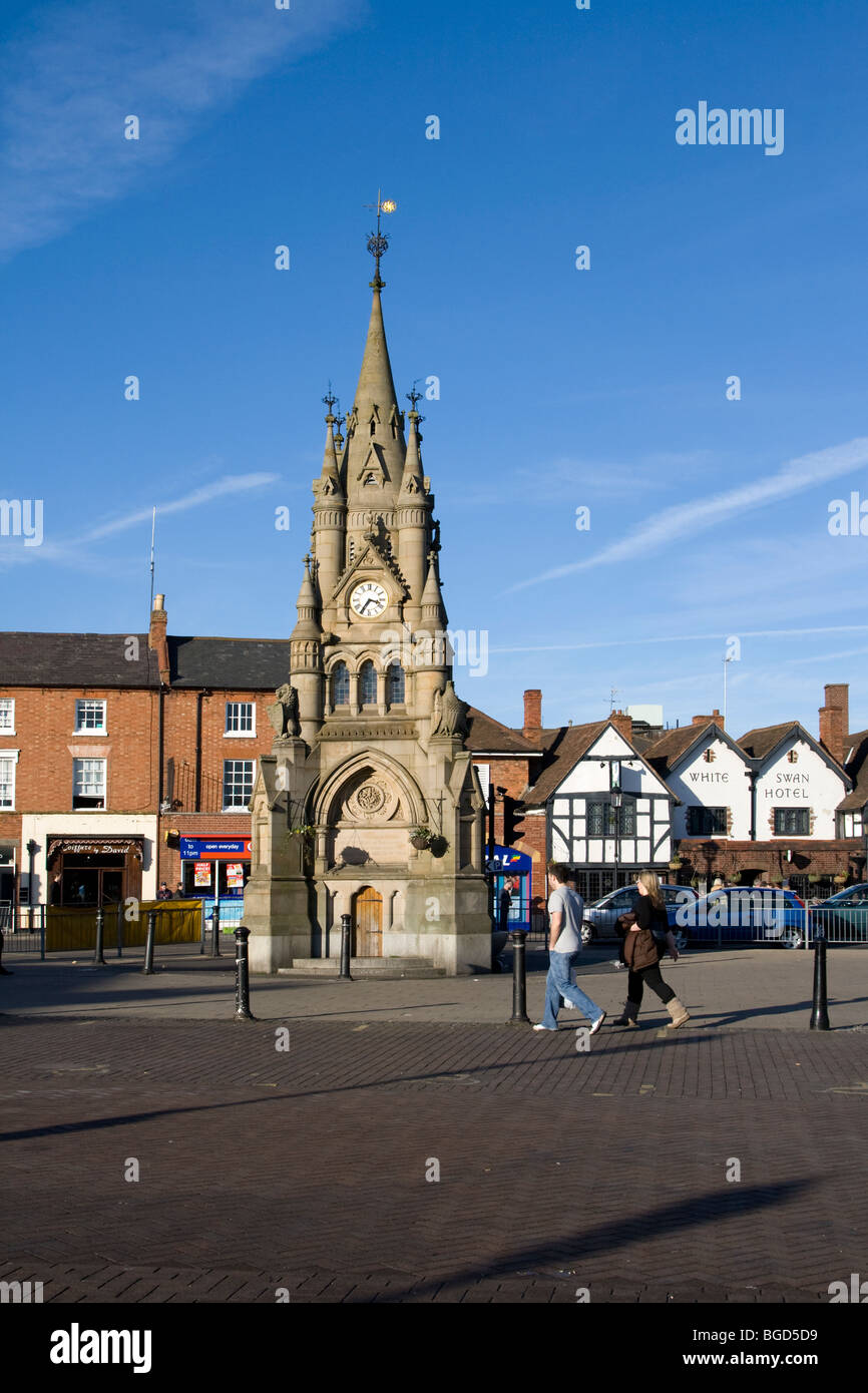 Gothic clock tower and market square, Rother Street, Stratford-upon-Avon, Warwickshire, England, UK Stock Photo