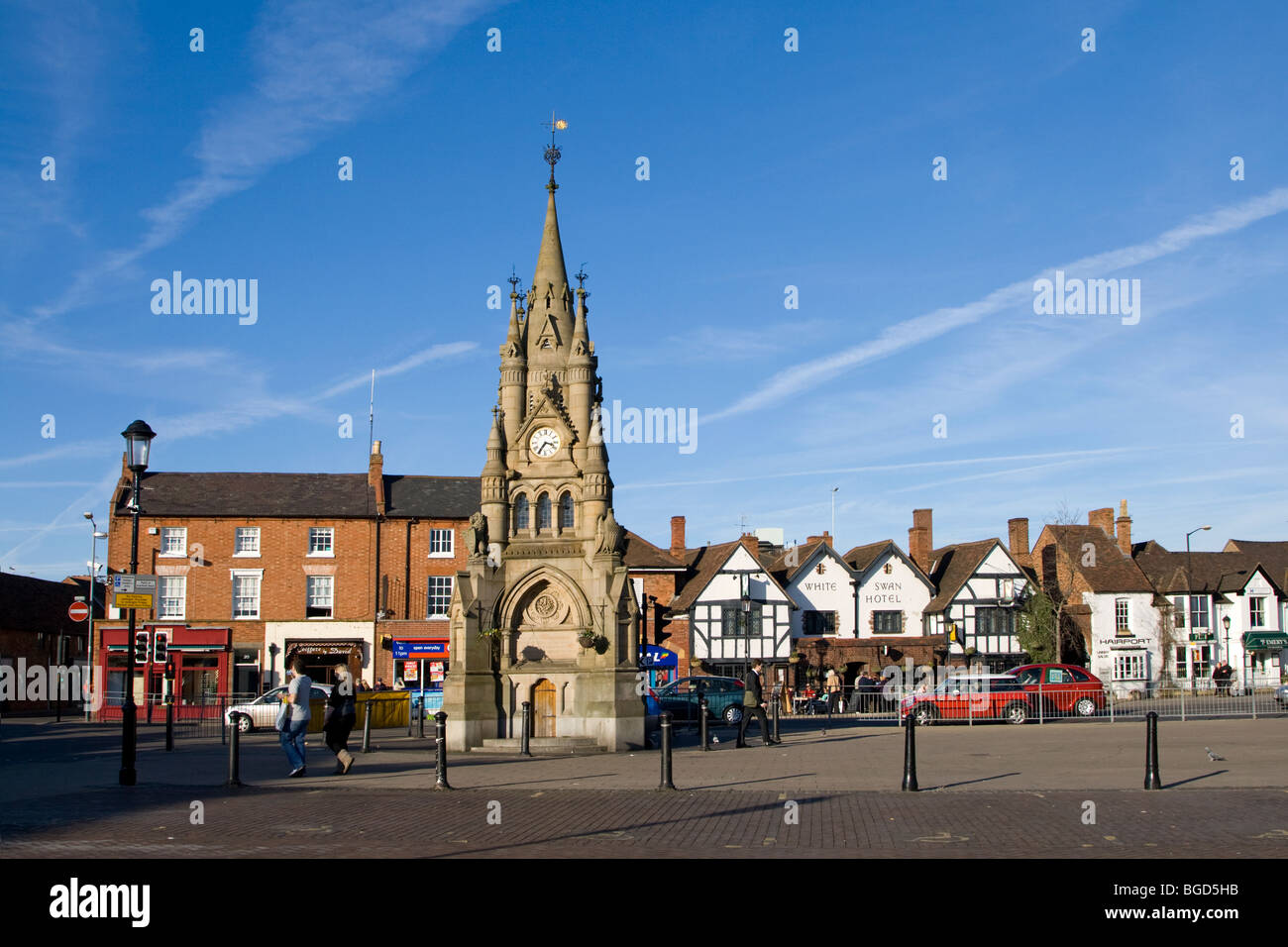 Gothic clock tower and market square, Rother Street, Stratford-upon ...