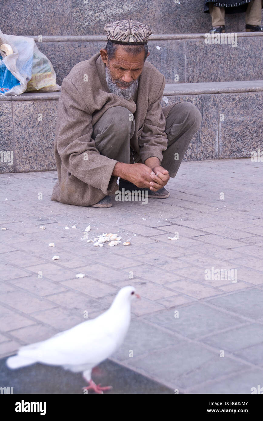 Muslim Uighur man feeding a pigeon Stock Photo