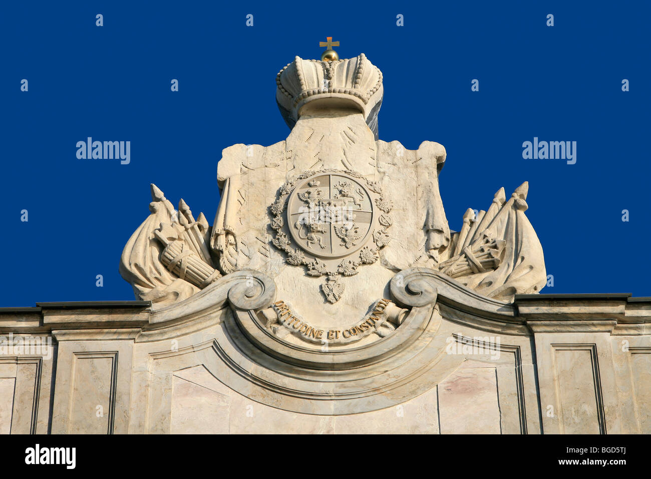 18th century coat of arms of Count Grigory Orlov on top of the Marble Palace in Saint Petersburg, Russia Stock Photo