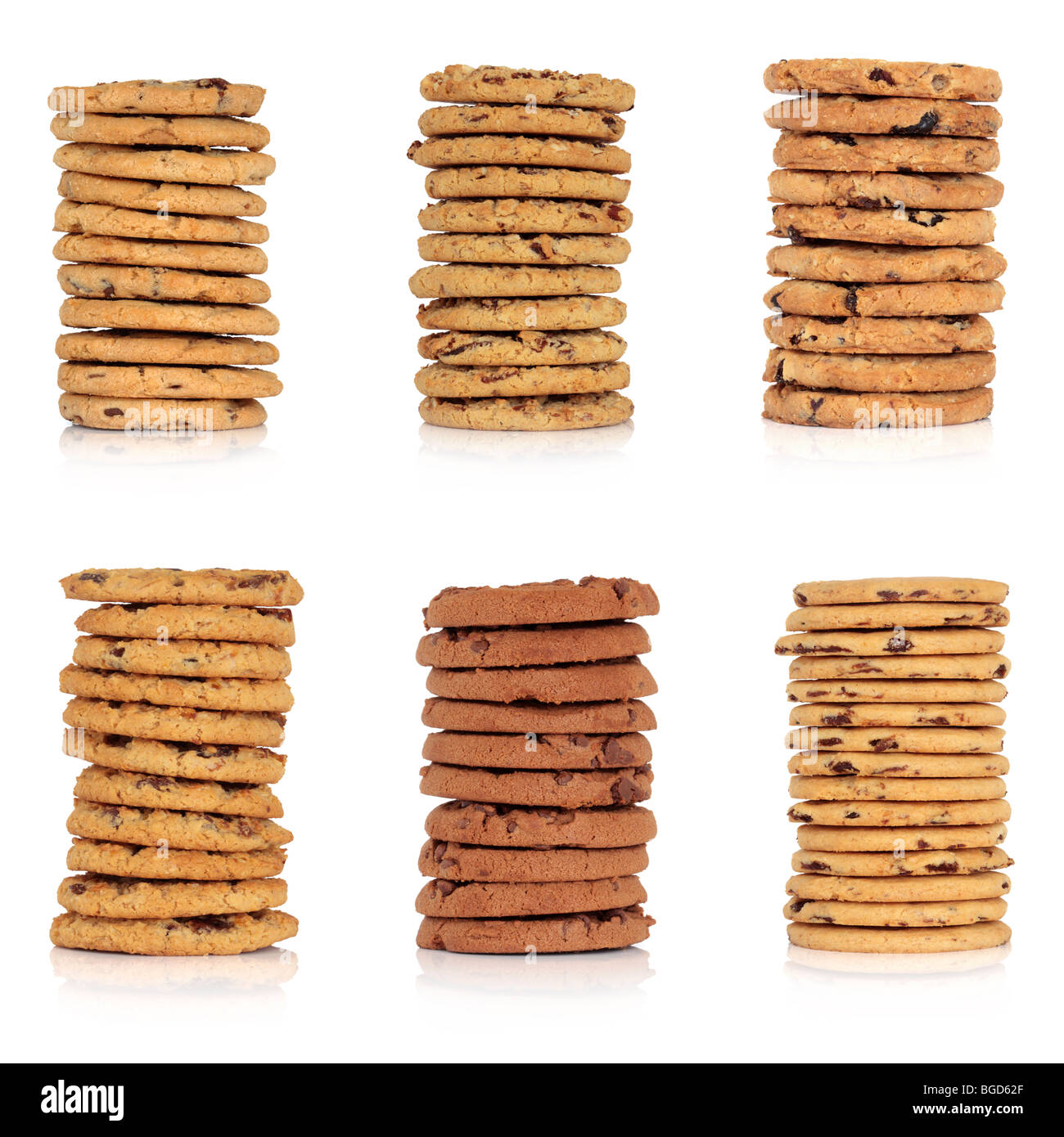 Chocolate chip cookie collection, including, chunk, flapjack, blueberry and oat, muesli, and all butter, over white background. Stock Photo