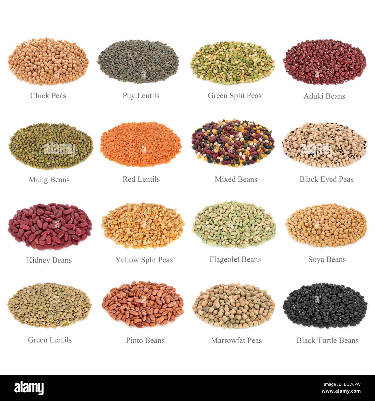 Dried pulses collection with titles, isolated over white background. Stock Photo