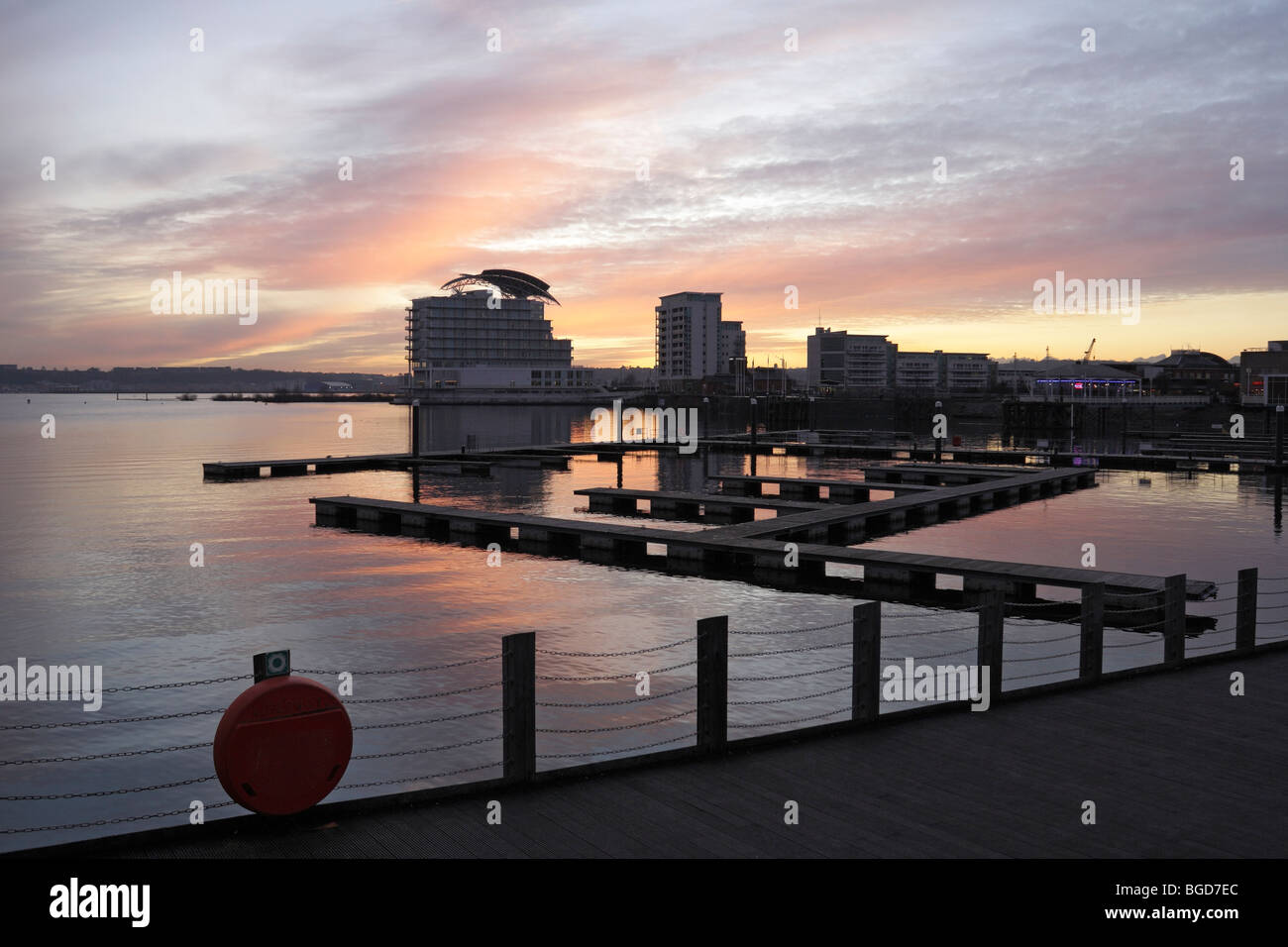 Winter Sunset looking towards St Davids Hotel, in Cardiff bay Wales UK natural light Stock Photo