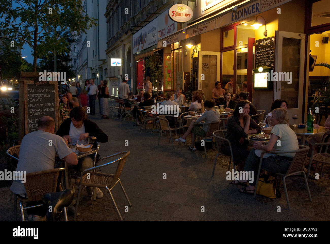 Bergmannstrasse with cafes & restaurants by night, very popular street in Berlin's Kreuzberg district, Berlin, Germany, Europe. Stock Photo