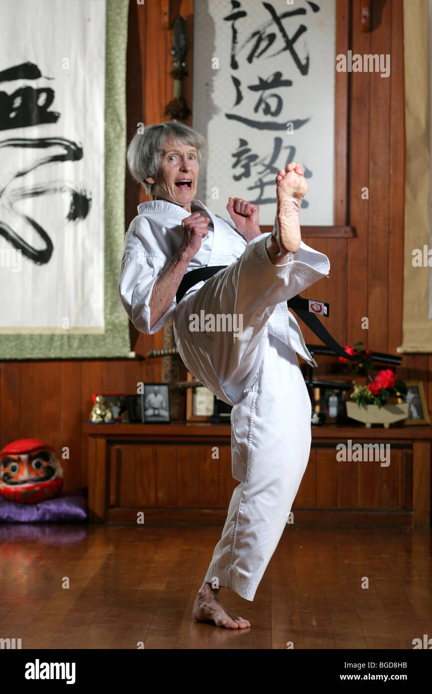 Nelson grandmother Rosemary Braithwaite, 72, who is the country's oldest holder of a black belt in karate, New Zealand Stock Photo