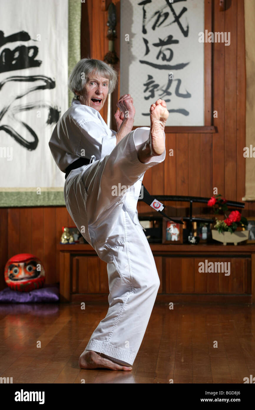 Nelson grandmother Rosemary Braithwaite, 72, who is the country's oldest holder of a black belt in karate, New Zealand Stock Photo