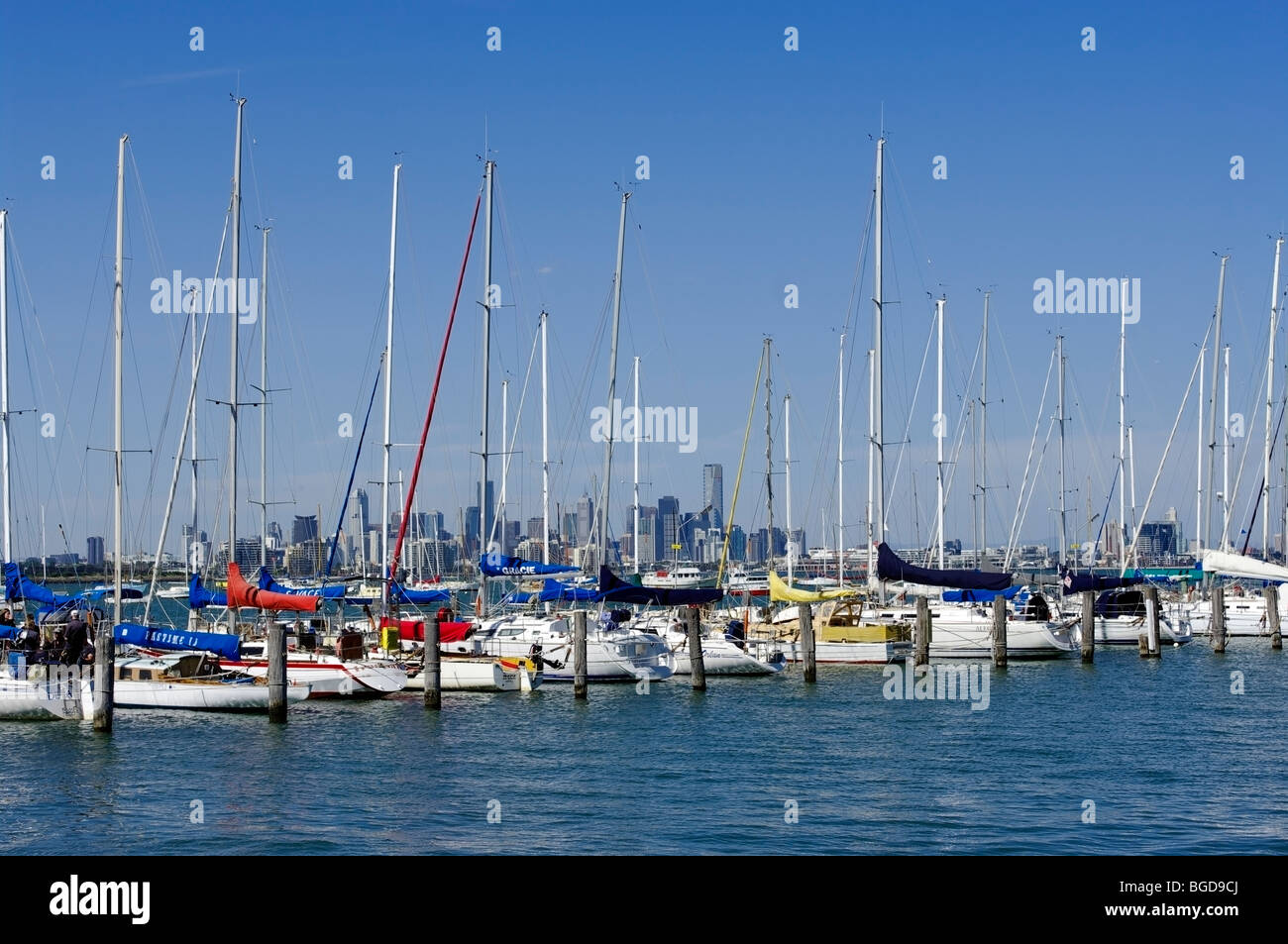 Melbourne city skyline and yachts seen from Williamstown. Stock Photo